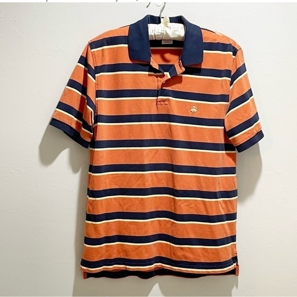 BROOKS BROTHERS Mens ORIGINAL FIT PERFORMANCE POLO SHIRT Blue Orange Stripe L - Picture 1 of 7